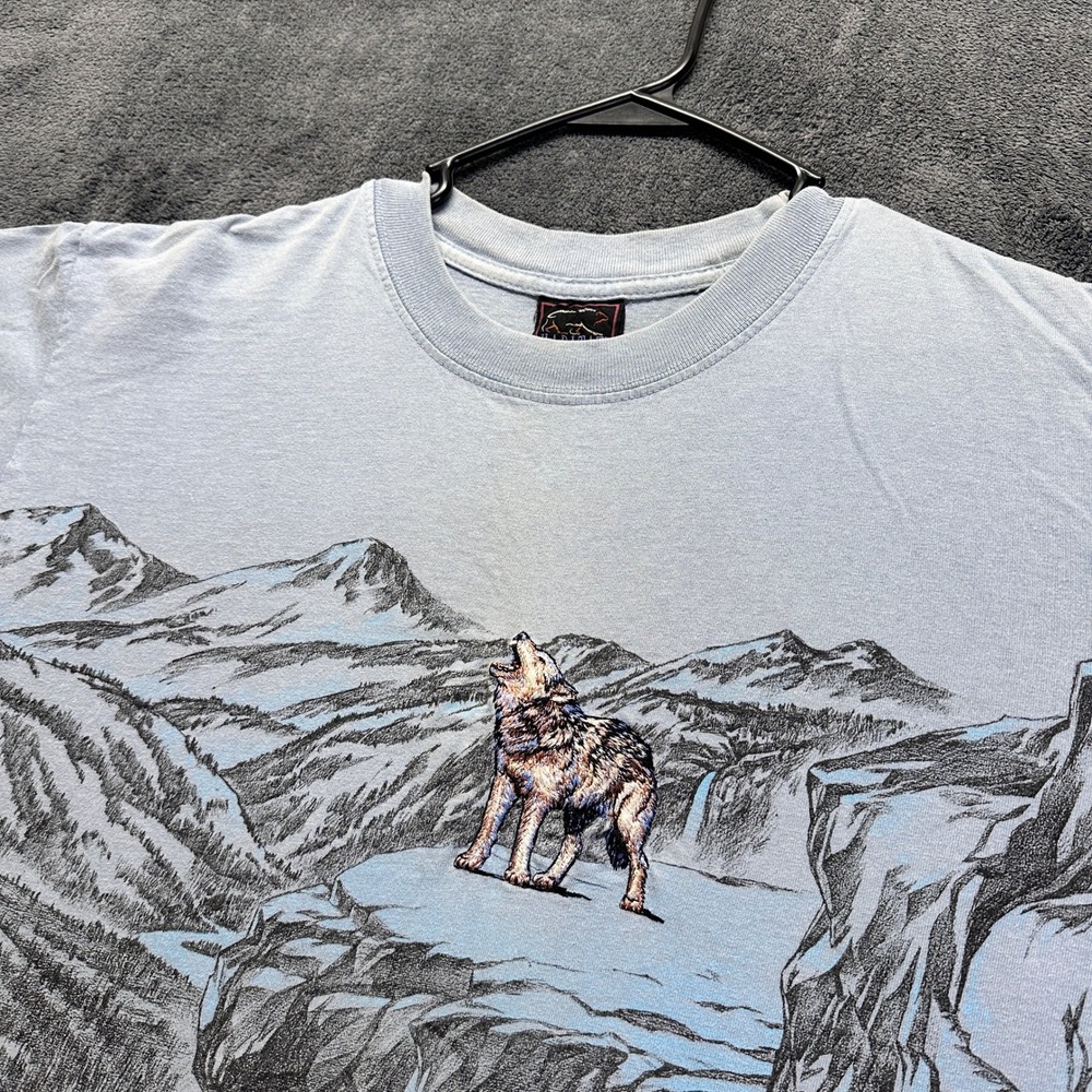 Vintage Habitat Wilderness T-Shirt Mens Large Blue Howling Wolf Oregon AOP - Picture 2 of 8
